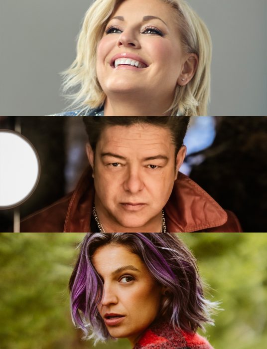 Photo de Guylaine Tanguay, tête d'affiche du Festival des Sucres, d'Éric Lapointe, vedette du festival RockFest et de Sara Dufour, tête d'affiche du festival CountryFest.